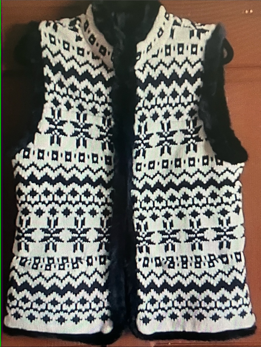 Talbots Black and White Fair Isle Knit Vest with Faux Fur Trim